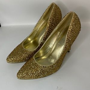 BONNIBEL SHOES | Gold Sparkly Gem Pump Heels 8 rhinestone